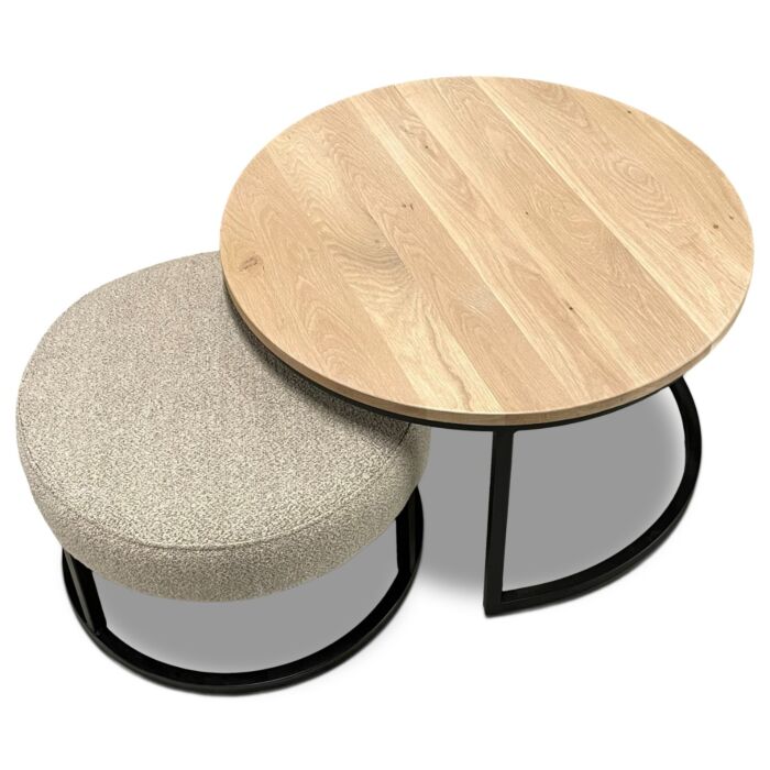 Salontafel Nest Eiken Poef Escabel Beige Set