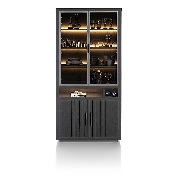 Pavie, Vitrine 100 Cm - 2-Glasdeuren + 2-Deuren + 2-Niches (+ LED) - Castle Black